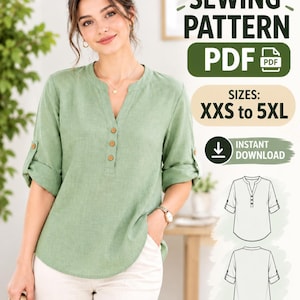 Naaipatroon voor een damesblouse (PDF) | Patroon voor een top met oprolmouwen | Tuniekblouse met relaxte pasvorm | Naaipatroon voor beginners | XXS-5XL | Digitale download