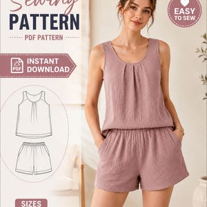 Women's Sleeveless Top & Shorts Sewing Pattern PDF | Summer Lounge Set Pattern | Pajama Set Sewing Pattern | Easy Beginner Sewing Pattern