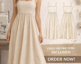 Midi Kleid Schnittmuster PDF | Leinenkleid mit quadratischem Ausschnitt | Frauen Sommer Kleid Schnittmuster | XS-XL Größen | Einfacher Anfängerfreundlicher Sofortdownload