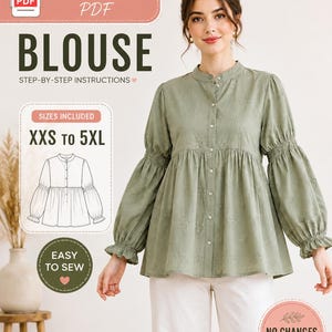May include: A PDF sewing pattern for a sage green blouse with a mandarin collar, button-down front, and long sleeves with gathered cuffs. The pattern includes sizes XXS to 5XL, features step-by-step instructions, and is labeled as beginner friendly.