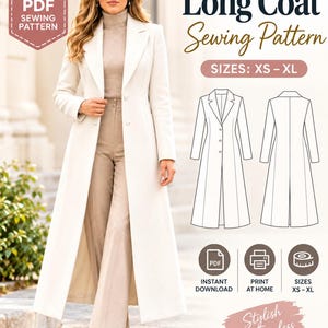 Puede incluir: Un patrón de costura en PDF para un abrigo largo en tallas XS-XL. La imagen muestra un abrigo largo blanco con solapas y botones, un dibujo técnico de las vistas frontal y trasera, e iconos para descarga e impresión en casa.
