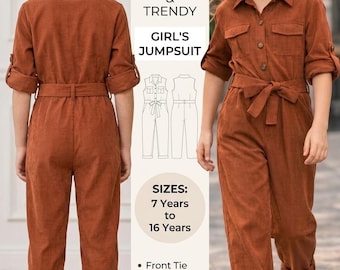 Mädchen Jumpsuit Schnittmuster PDF, Kinder Jumpsuit Schnittmuster 7–16 Jahre, Bindegürtel Taille, Taschenloser Strampler, Anfänger Schnittmuster