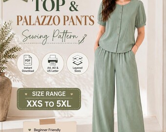 Women's Top & Palazzo Pants Sewing Pattern PDF | Two Piece Set Pattern | Wide Leg Pants | Button Front Blouse | Instant Digital Download