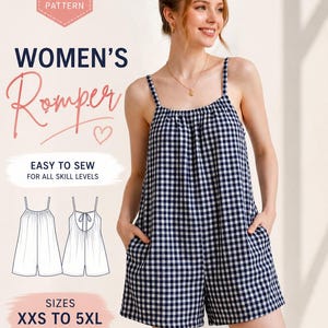 May include: A PDF sewing pattern for a romper featuring a navy blue and white gingham check print. The romper has thin shoulder straps, a gathered neckline, and side pockets. The text includes "PDF SEWING PATTERN", "WOMEN'S Romper", "EASY TO SEW FOR ALL SKILL LEVELS", and "SIZES XXS TO 5XL INCLUDED".