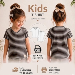 Kids Top Sewing Pattern PDF | Toddler Tee Pattern | Baby V-Neck Shirt Pattern | Easy Sewing Pattern | Sizes 1M-10Y