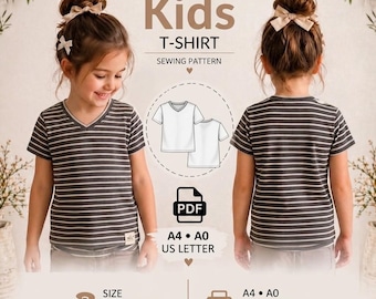 Kinder T-Shirt Schnittmuster PDF | Baby & Kleinkind Tee Muster | V-Ausschnitt-Shirt | Größen 1 Monat–10 Jahre | A4 A0 US Letter | Sofort Download