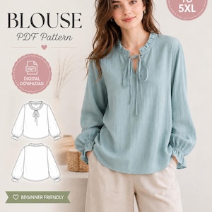 May include: A digital sewing pattern for a light blue blouse with long sleeves, a ruffled collar, and a tie-front neckline. The graphic includes text reading SEWING PATTERN, BLOUSE, PDF Pattern, XXS TO 5XL, DIGITAL DOWNLOAD, and BEGINNER FRIENDLY, along with technical line drawings of the garment.
