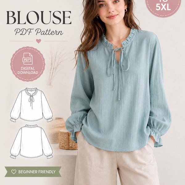 Cartamodello PDF per camicetta da donna con collo a volant, modello per top con laccetti al collo, modello per camicetta a maniche lunghe, camicia dalla vestibilità ampia, stampabile in formato A4, A0, US Letter.
