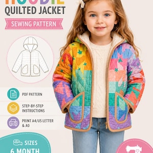 May include: A sewing pattern for a quilted hoodie jacket with a colorful star pattern. The text reads HOODIE QUILTED JACKET SEWING PATTERN, PDF PATTERN, STEP-BY-STEP INSTRUCTIONS, PRINT A4/US LETTER & A0, SIZES 6 MONTH TO 12 YEAR, BEGINNER FRIENDLY.