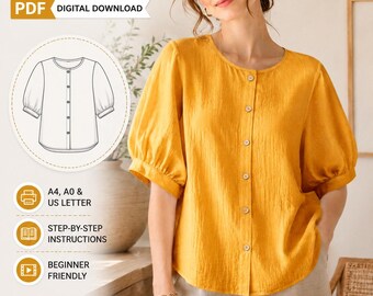 Women's Blouse Sewing Pattern PDF, Puff Sleeve Shirt Pattern, Relaxed Fit Button Front Top, Beginner PDF Sewing Pattern, XXS-5XL