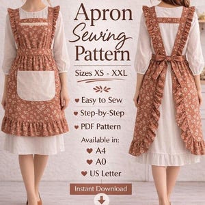 Bloom Apron Sewing Pattern PDF | Vintage Kitchen Apron with Pocket | Ruffle Pinafore Apron Pattern Xs-XXL| Easy DIY Apron | Instant download