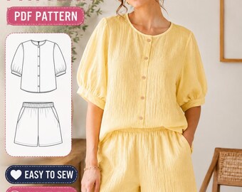 Women's Top & Shorts Sewing Pattern PDF | Puff Sleeve Blouse Pattern | Elastic Waist Shorts | Two Piece Set | XXS-5XL | Instant Download