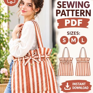 Peut inclure: Un patron de couture PDF pour un sac fourre-tout à rayures verticales orange rouille et blanc. Le sac présente un bord supérieur à volants, un lien de serrage et une poche avant avec un bouton. Le patron inclut les tailles S, M et L.