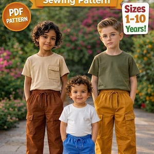 Patrón PDF de pantalones cargo para niños / Pantalones para bebés y adolescentes / Pantalones deportivos con cintura elástica / Patrón de costura de pantalones de pierna ancha / Tallas de 1 a 10 años