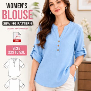 Women's Blouse Sewing Pattern PDF | Roll Sleeve Top Pattern | Relaxed Fit Tunic Shirt | Beginner Sewing Pattern | XXS-5XL | Digital Download