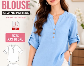 Women's Blouse Sewing Pattern PDF | Roll Sleeve Top Pattern | Relaxed Fit Tunic Shirt | Beginner Sewing Pattern | XXS-5XL | Digital Download