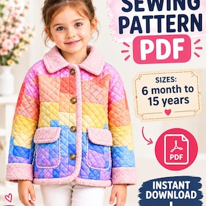 May include: A quilted jacket featuring a multi-colored block pattern in shades of pink, orange, yellow, and blue. The jacket has a light pink collar, cuffs, and pocket flaps, with four brown buttons. Text reads: SEWING PATTERN PDF, SIZES: 6 month to 15 years, INSTANT DOWNLOAD.