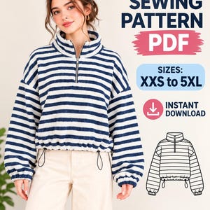 Womens Oversized Sweatshirt Pattern PDF, Half Zip Pullover Sewing Pattern , Fleece Top Pattern, Long Sleeve Sweatshirt DIY, Digital Pattern