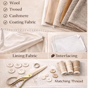 May include: A guide to fabric and notions, featuring various fabric swatches in beige and brown tones. The image includes text labels for suggested fabrics like wool and cashmere, along with sewing essentials such as buttons, thread spools, and scissors. A measuring tape is also visible.