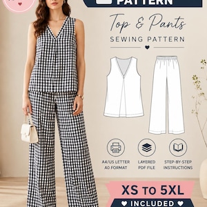 Può includere: Un cartamodello PDF per un top senza maniche con scollo a V e pantaloni a gamba larga con motivo a quadretti vichy bianco e nero. Il file digitale include formati A4, US Letter e A0, opzioni PDF a livelli, istruzioni e taglie da XS a 5XL.