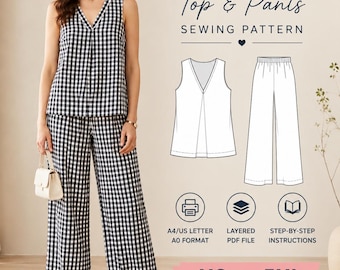 Women’s Sleeveless V-Neck Top and Wide Leg Pants Sewing Pattern PDF | Summer Lounge Set | Easy Beginner PDF Pattern | XS-5XL