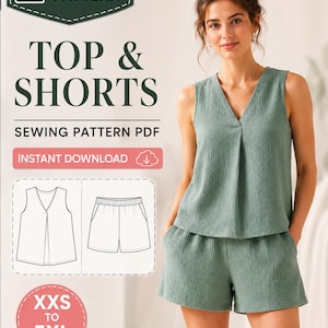 Sleeveless Top & Shorts Sewing Pattern PDF | Women Summer Lounge Set Pattern | Linen Co Ord Set | Easy Beginner Sewing Pattern | XS-5XL