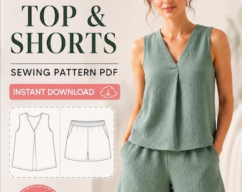 May include: A PDF sewing pattern for a top and shorts set. The text reads SEWING PATTERN, TOP & SHORTS, SEWING PATTERN PDF, INSTANT DOWNLOAD, and XXS TO 5XL Sizes Included. The set features a sleeveless V-neck top and matching elastic waist shorts.