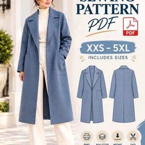 Può includere: Un cartamodello digitale per un cappotto lungo blu con revers e due tasche frontali. Il PDF include le taglie dalla XXS alla 5XL, con disegni tecnici del fronte e del retro, oltre a icone per la stampa a casa, formato A4 e letter, download istantaneo e facilità di cucitura.