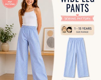 Mädchen Hose mit weitem Bein Schnittmuster PDF | Kinder Elastische Taille Hose Muster | Schnittmuster für Anfänger | Kleinkind bis Teenager Größen 1-15Y