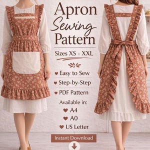 Patrón de costura de delantal Bloom en PDF / Delantal de cocina vintage con bolsillo / Patrón de delantal con volantes (tallas Xs-XXL) / Delantal fácil de hacer / Descarga instantánea