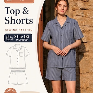 Puede incluir: Un patrón de costura digital para un conjunto de top y pantalones cortos, que presenta una camisa abotonada de rayas verticales azul marino y blanco con cuello y bolsillo en el pecho, junto con pantalones cortos a juego. Incluye tallas XS a 3XL.