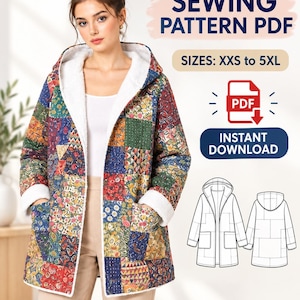 Peut inclure: Une veste à capuche avec un motif patchwork multicolore aux designs floraux et géométriques, une doublure en sherpa blanc et deux poches avant. L'image contient le texte SEWING PATTERN PDF, SIZES: XXS to 5XL, et INSTANT DOWNLOAD.