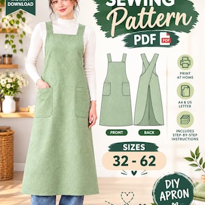 May include: A digital sewing pattern for a sage green apron with two front pockets. The document includes front and back technical illustrations, instructions for printing at home on A4 or US letter paper, and a size range from 32 to 62.