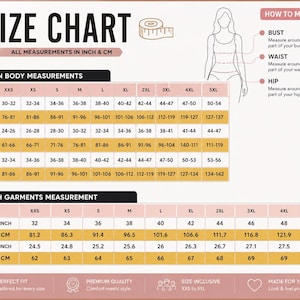 May include: A size chart infographic with a light pink and white background. It displays two tables: Women Body Measurements and Finish Garments Measurement, listing sizes from XXS to 5XL in inches and cm. Includes a diagram for measuring.