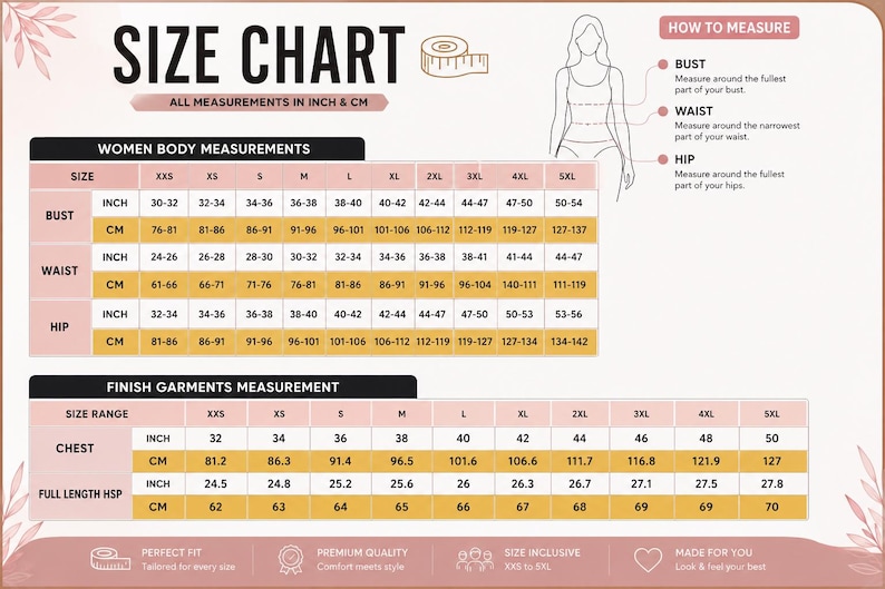 May include: A size chart infographic with a light pink and white background. It displays two tables: Women Body Measurements and Finish Garments Measurement, listing sizes from XXS to 5XL in inches and cm. Includes a diagram for measuring.