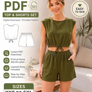 May include: A digital PDF sewing pattern for a top and shorts set. The set features an olive green sleeveless crop top with a drawstring waist and matching elastic-waist shorts. Text includes SEWING PATTERN, PDF, TOP & SHORTS SET, and SIZES XXS TO 5XL.