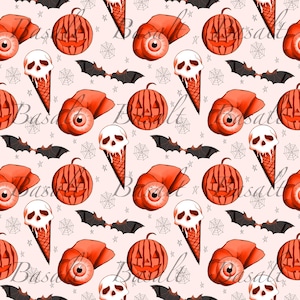 Peut inclure: Un motif répétitif sur fond rose clair représentant des citrouilles d'Halloween orange, des crânes blancs fondant dans des cornets de glace, des globes oculaires rouges, des chauves-souris noires et des toiles d'araignée. Le mot Basalt est répété.