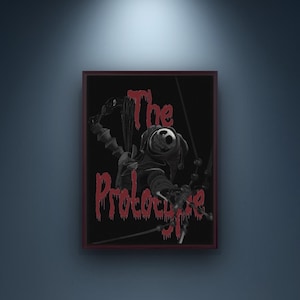 Peut inclure: Tableau encadré avec une illustration en noir et blanc d'une figure de marionnette souriante de manière sinistre. Les mots "The Prototype" sont écrits en rouge dégoulinant. L'œuvre est affichée sur un mur bleu foncé.