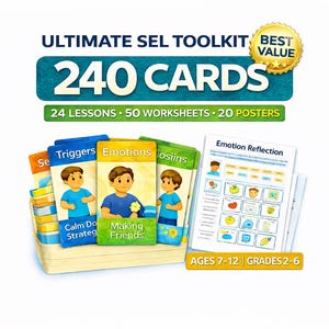 May include: The Ultimate SEL Toolkit includes 240 cards, 24 lessons, 50 worksheets, and 20 posters. The cards are in a wooden box and feature illustrations of children. The toolkit is for ages 7-12 and grades 2-6.