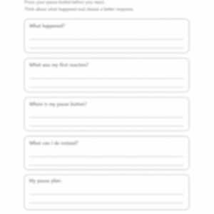 May include: A white worksheet titled "PAUSE BUTTON" for ages 7-12. The worksheet includes prompts for self-reflection, such as "What happened?" and "What was my first reaction?" to encourage emotional learning.