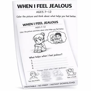 Puede incluir: Un cuaderno imprimible titulado "CUANDO ME SIENTO CELOSO" para niños de 7 a 12 años. La portada presenta un niño de dibujos animados triste y el texto "Colorea la imagen y piensa en lo que te ayuda a sentirte mejor."