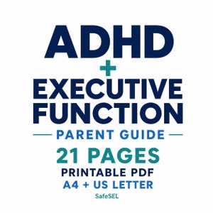 Könnte beinhalten: Ein digitales Dokument mit dem Titel ADHD + EXECUTIVE FUNCTION PARENT GUIDE. Der Text ist in Dunkelblau und Petrol auf weißem Hintergrund gehalten. Es umfasst 21 Seiten, ist als druckbares PDF verfügbar und enthält A4 und US Letter Formate.