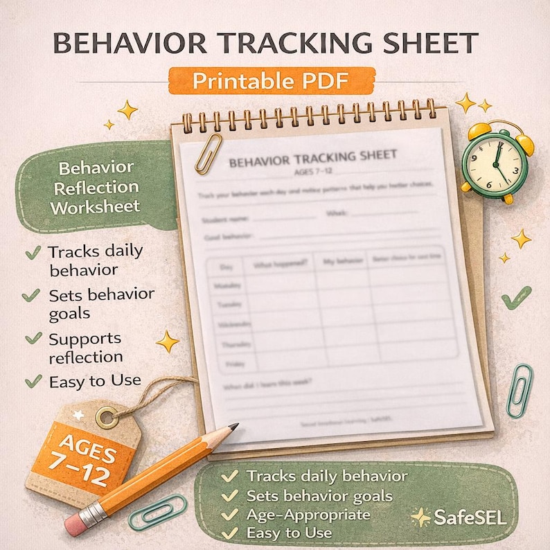 Kids Behavior Tracking Sheet – Weekly Reflection Worksheet (Ages 7-12)