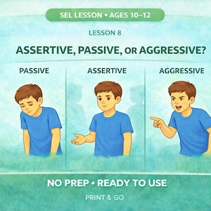 Op de afbeelding: Educatieve afbeelding die assertief, passief en agressief gedrag illustreert. De afbeelding toont drie panelen met een jongen in een blauw shirt die elk gedrag demonstreert. Tekst omvat "SEL Lesson", "Ages 10-12" en "No Prep - Ready to Use."
