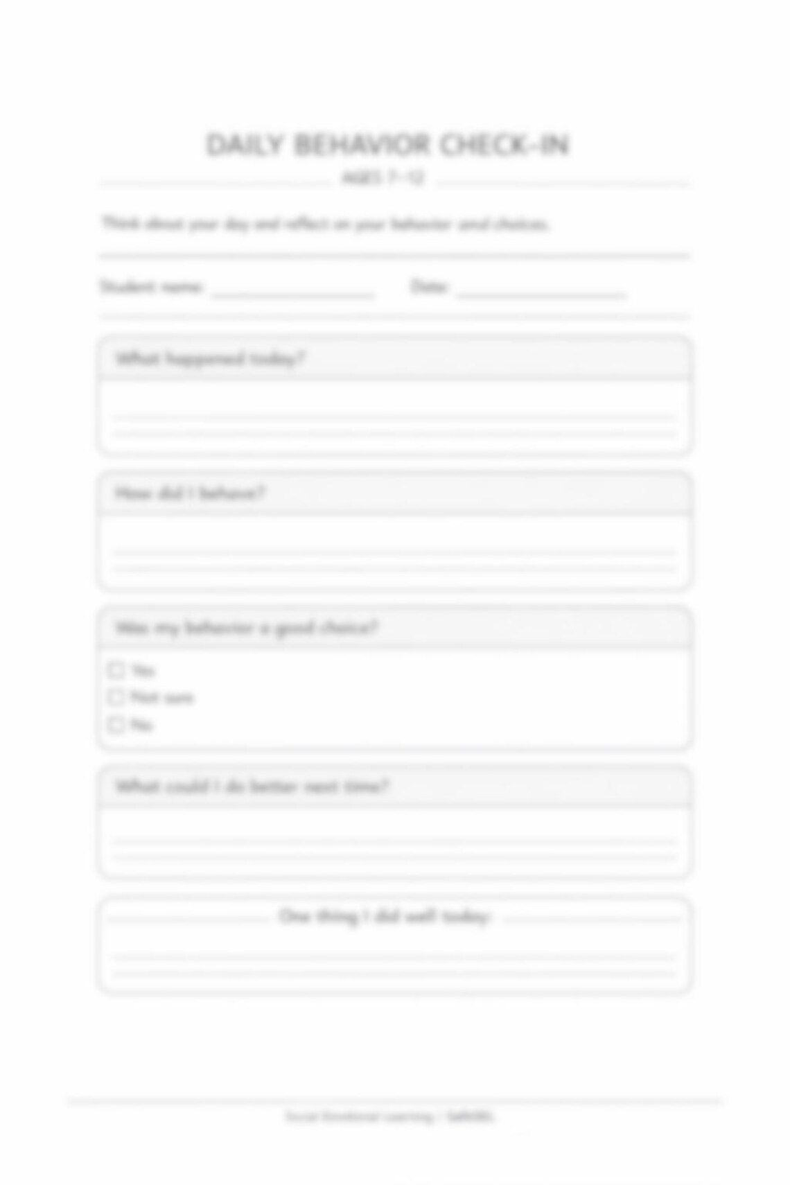 Daily Behavior Check In Daily Behavior Check-in Worksheet for Kids Ages 7-12 (SEL Printable PDF ...
