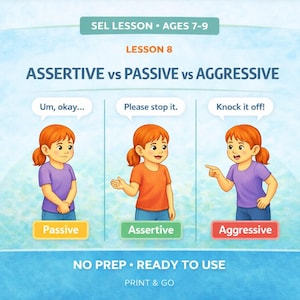 Könnte beinhalten: Lehrreiche Illustration, die assertive, passive und aggressive Kommunikationsstile vergleicht. Drei Kinder mit roten Haaren demonstrieren jeden Stil. Der Text enthält Sätze und Etiketten: "Passiv", "Assertiv" und "Aggressiv". Das Bild ist mit "SEL LESSON" und "NO PREP • READY TO USE" beschriftet.