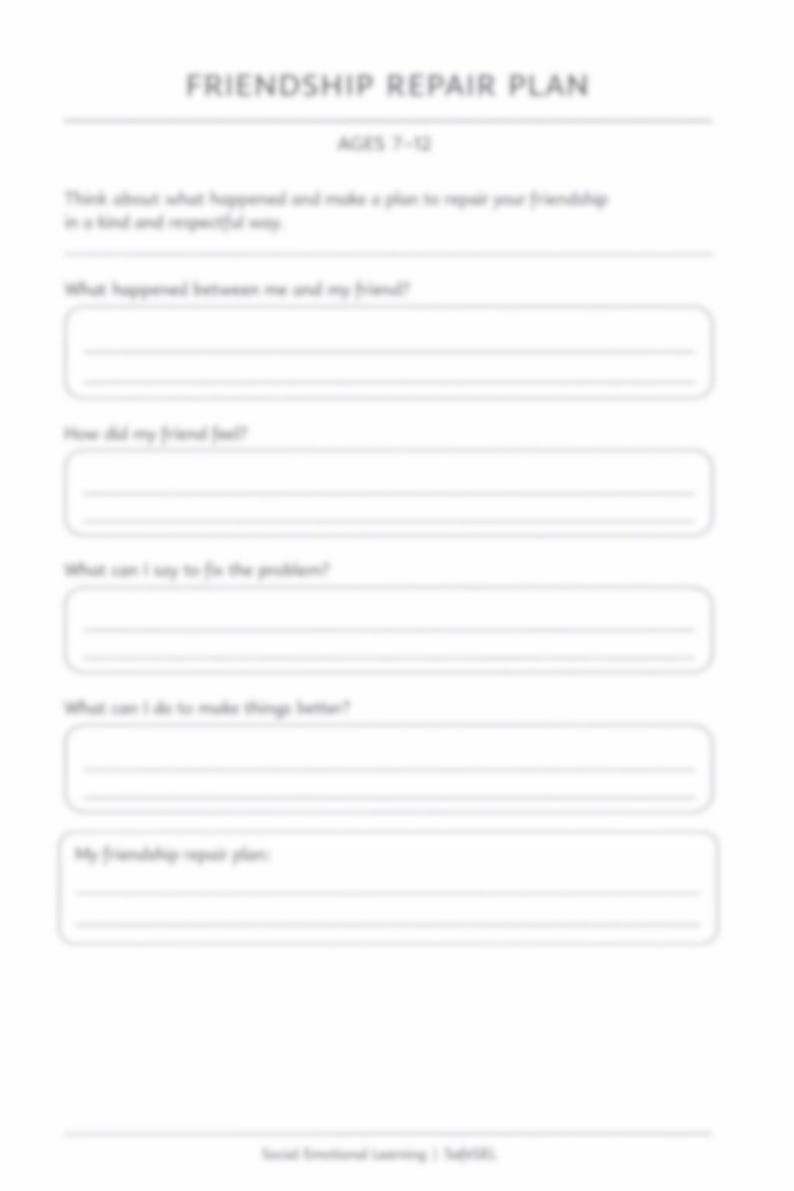Friendship Repair Plan Worksheet – Kids Social Emotional Learning Activity (Ages 7-12)