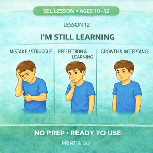 Peut inclure: Graphique éducatif pour la leçon 12 de l'apprentissage socio-émotionnel, « J'apprends encore », pour les 10-12 ans. L'image montre trois étapes : Erreur/Difficulté, Réflexion et Apprentissage, et Croissance et Acceptation. Le texte comprend « Sans préparation, prêt à l'emploi » et « Imprimer et aller ».