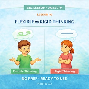 Könnte beinhalten: Lehrreiche Illustration für Kinder im Alter von 7-9 Jahren mit dem Titel "FLEXIBLE vs RIGID THINKING". Ein Junge in einem grünen Hemd repräsentiert flexibles Denken, während ein Mädchen in einem rosa Hemd starres Denken darstellt. Der Text "NO PREP • READY TO USE" und "PRINT & GO" ist enthalten.