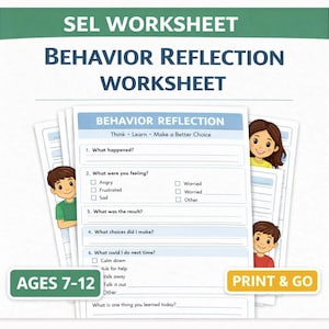 Behavior Reflection Worksheet | SEL Behavior Think Sheet | Social Emotional Learning Printable